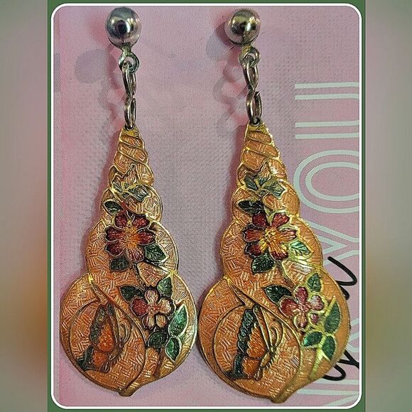 #Vintage #Cloisonne Floral & Butterfly Dangle Drop Pierced Earrings - Picture 2 of 4